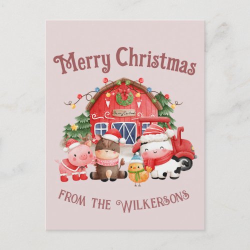 Cute Christmas Farm Animals on Blush Pink Postcard