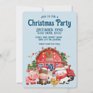 Cute Christmas Farm Animals on Light Blue Invitation
