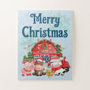 Cute Christmas Farm Animals on Light Blue Jigsaw Puzzle