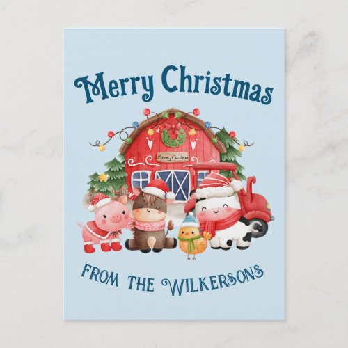 Cute Christmas Farm Animals on Light Blue Postcard