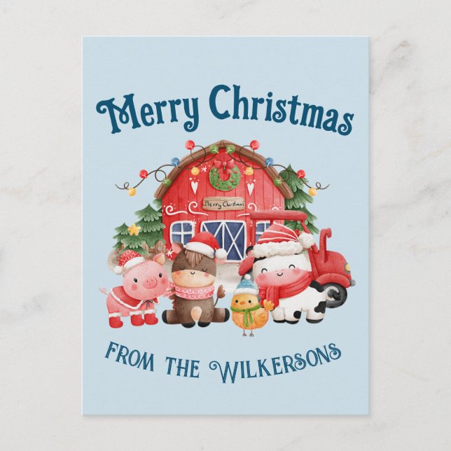 Cute Christmas Farm Animals on Light Blue Postcard (Front)