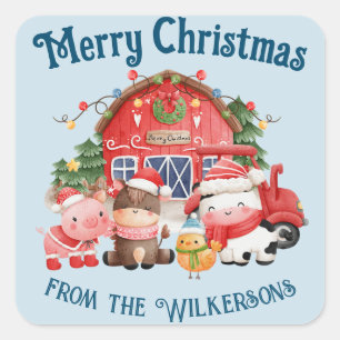 Cute Christmas Farm Animals on Light Blue Square Sticker