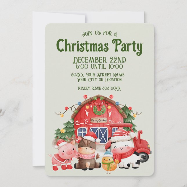 Cute Christmas Farm Animals on Sage Invitation (Front)
