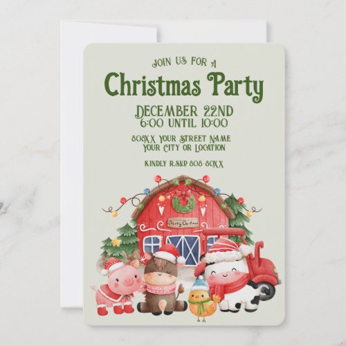 Cute Christmas Farm Animals on Sage Invitation