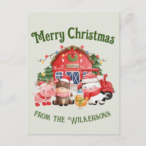 Cute Christmas Farm Animals on Sage Postcard