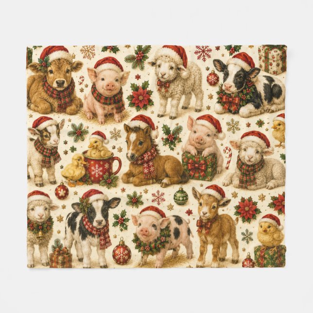Cute Christmas Farm Animals Pattern  Fleece Blanket (Front (Horizontal))