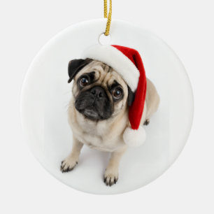 Cute Christmas Fawn Pug Santa Hat Puppy Dog Eyes Ceramic Ornament