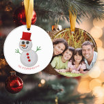 Cute Christmas Felt Snowman Holiday Photo Ceramic Ornament<br><div class="desc">Cute Christmas Felt Snowman Holiday Photo Ornament A fun, festive, faux felt snowman in a cute red hat. Add your photo and names for a truly personalized ornament. Easy to customize with text, fonts, and colors. Created by Zazzle pro designer BK Thompson © exclusively for Kate’s Creations; please contact us...</div>