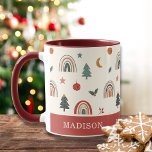 Cute Christmas Festive Rainbows Holidays Name  Mug<br><div class="desc">Cute Christmas Festive Rainbows Holidays Pattern Name Coffee Mug features a cute pattern of festive rainbows,  Christmas trees,  crescent moons,  decorations,  stars and holly leaves. Personalize with your name by editing the text in the text box provided. Designed by ©Evco Holidays www.zazzle.com/store/evcoholidays</div>