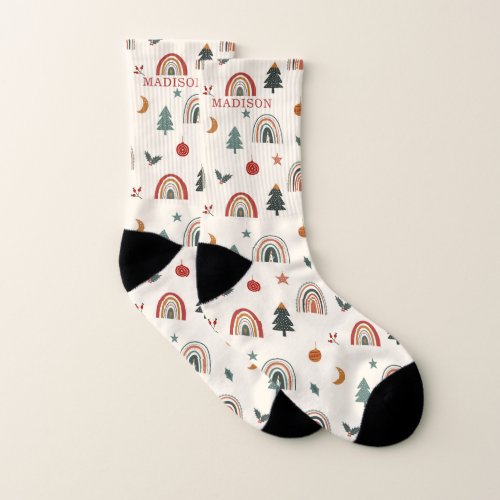 Cute Christmas Festive Rainbows Holidays Name Socks