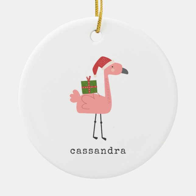Cute Christmas Flamingo Illustration Personalized Ceramic Ornament (Front)