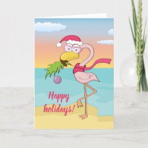 Cute Christmas flamingo on the beach Custom text Holiday Card