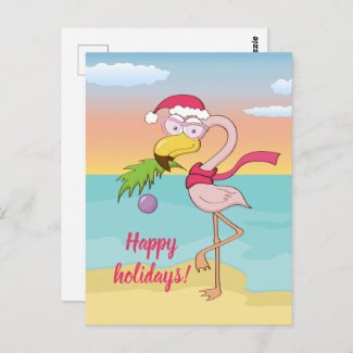Cute Christmas flamingo on the beach personalized