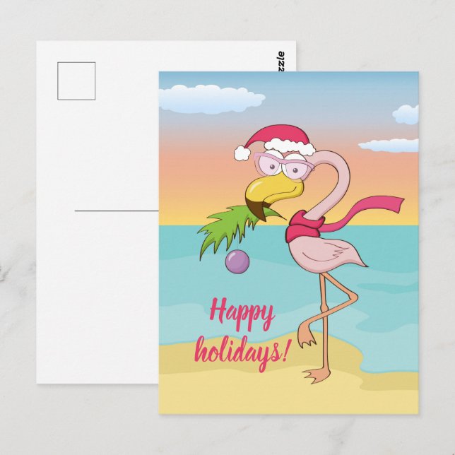 Cute Christmas flamingo on the beach personalized Postcard (Front/Back)