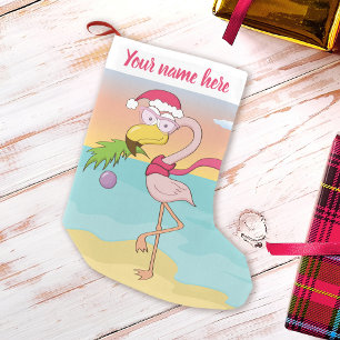 Cute Christmas Flamingo on Tropical Beach Name Small Christmas Stocking
