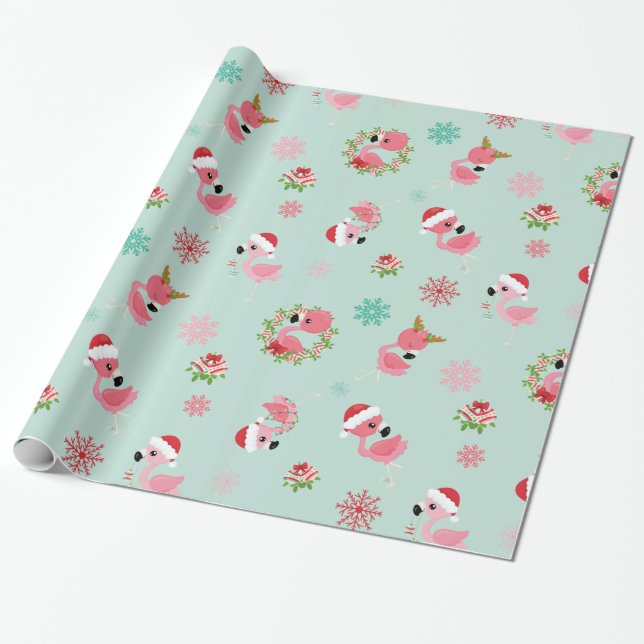 Cute Christmas Flamingo Snowflake Wrapping Paper (Unrolled)