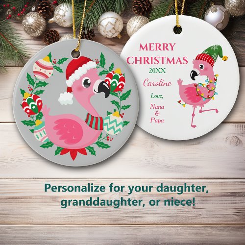 Cute Christmas Flamingo Wreath Granddaughter Ceramic Ornament
