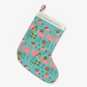 Cute Christmas Flamingos Aqua Blue Personalized Small Christmas Stocking