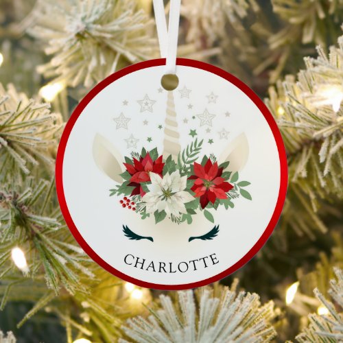 Cute Christmas Floral Unicorn Holiday Personalized Metal Ornament
