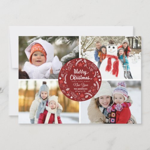 CUTE CHRISTMAS FLORAL WREATH PHOTO COLLAGE HOLIDAY CARD