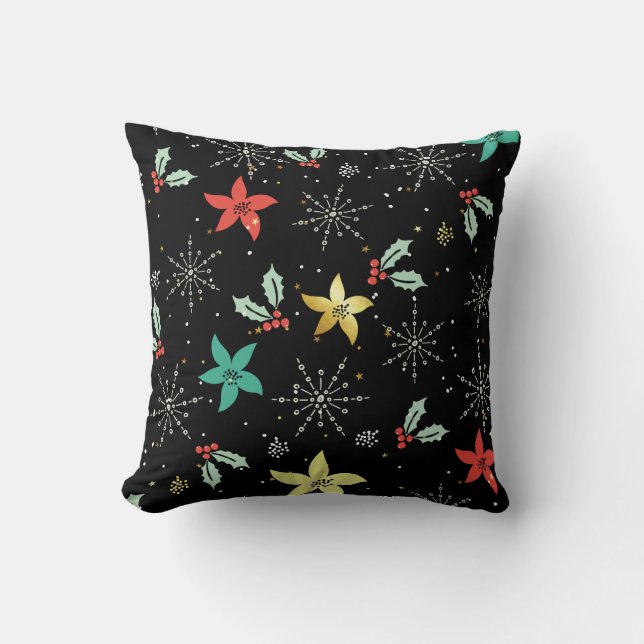Cute Christmas Flowers & White Snowflakes Throw Pillow (Front)