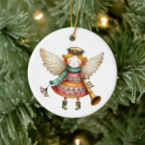 Cute Christmas Folk Art Angel Ceramic Ornament