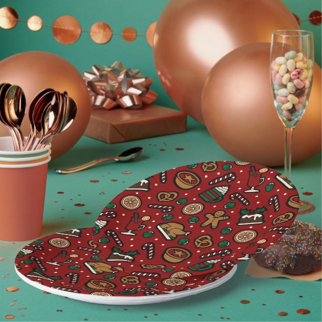 Cute Christmas Food Pattern Paper Plates in Red (Multi)