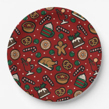 Cute Christmas Food Pattern Paper Plates in Red