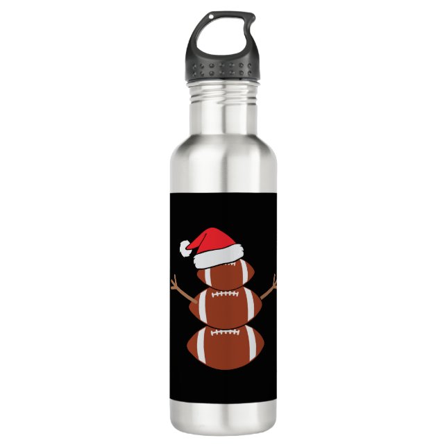 Cute Christmas Football Snowman Santa Hat Funny Stainless Steel Water Bottle (Front)