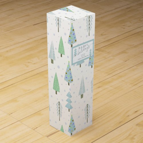 Cute Christmas Forest Trees Blue Green Personalize Wine Box