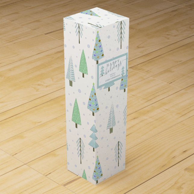 Cute Christmas Forest Trees Blue Green Personalize Wine Box (Front)