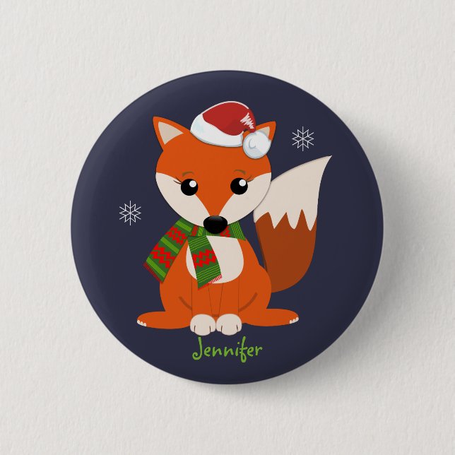 Cute Christmas Fox and custom Name Button (Front)