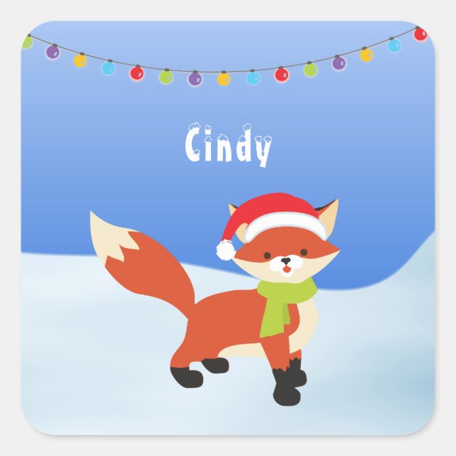 Cute Christmas Fox on Snow Square Sticker (Front)
