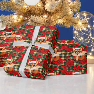 Cute Christmas Fox Pattern Bold Poinsettia Holiday Wrapping Paper