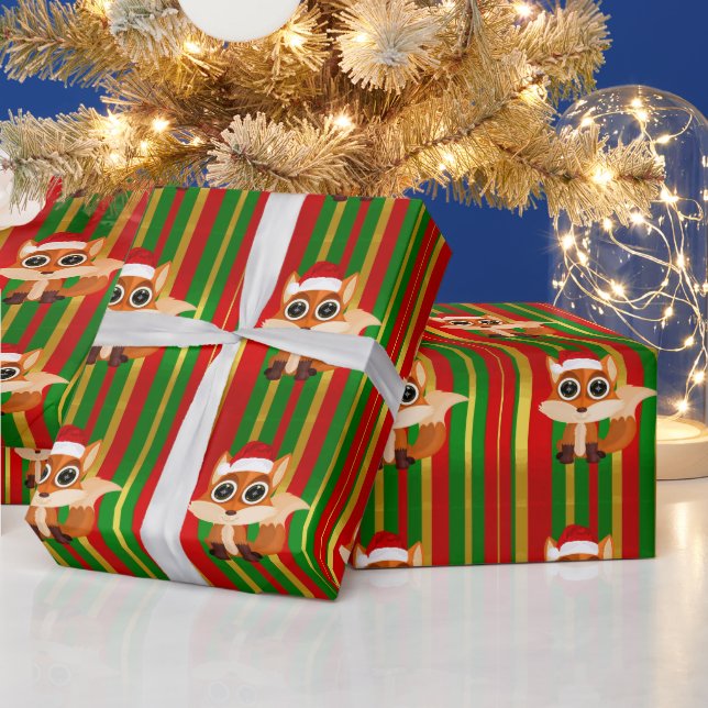 Cute Christmas Fox Pattern Festive Striped Holiday Wrapping Paper (Holidays)