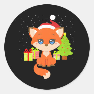 Cute Christmas Fox Santa Hat Christmas Tree n Classic Round Sticker