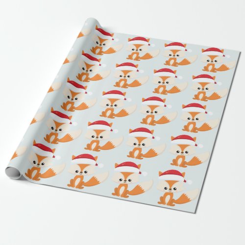Cute Christmas Fox Santa Hat Pastel Blue Pattern Wrapping Paper