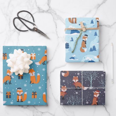 Cute Christmas Fox Winter Snow Patterns Wrapping Paper Sheets