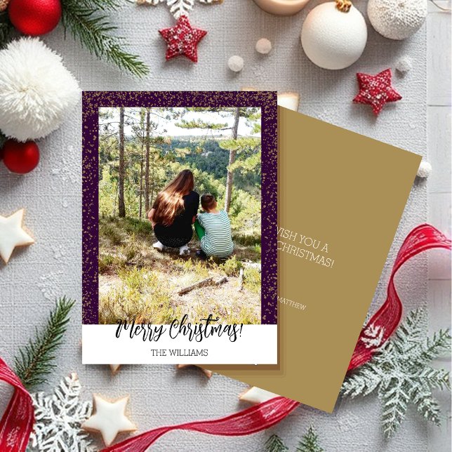 Cute Christmas Framed Photo Purple Glitter Holiday Card (Creator Uploaded)
