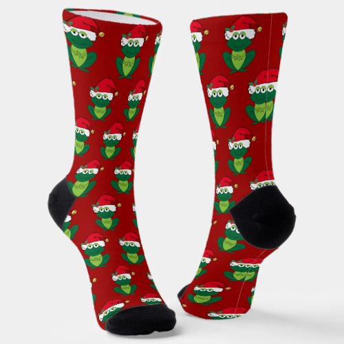 Cute Christmas Frog in Santa Hat Red Holiday Socks