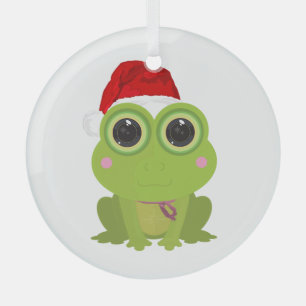 Cute Christmas Frog Santa Hat Holiday Glass Ornament
