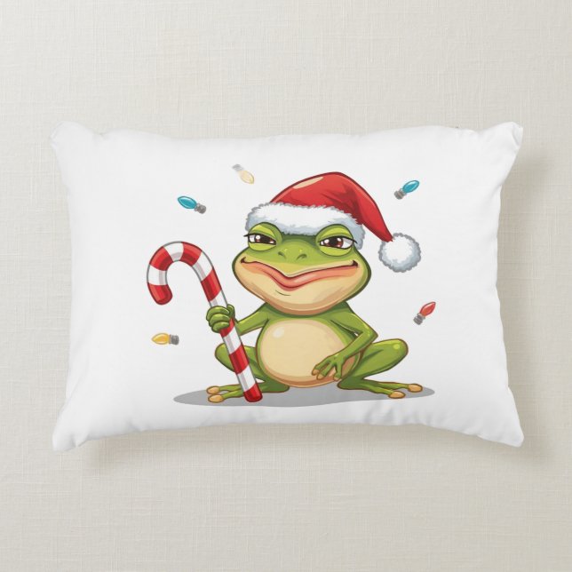 Cute Christmas Frog With Candy Cane - Funny Holida Accent Pillow (Front)