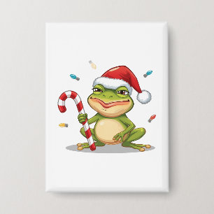 Cute Christmas Frog With Candy Cane - Funny Holida Button