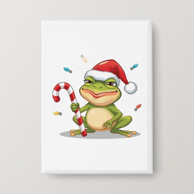 Cute Christmas Frog With Candy Cane - Funny Holida Button (Front)