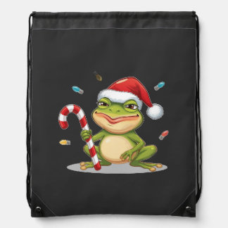 Cute Christmas Frog With Candy Cane - Funny Holida Drawstring Bag