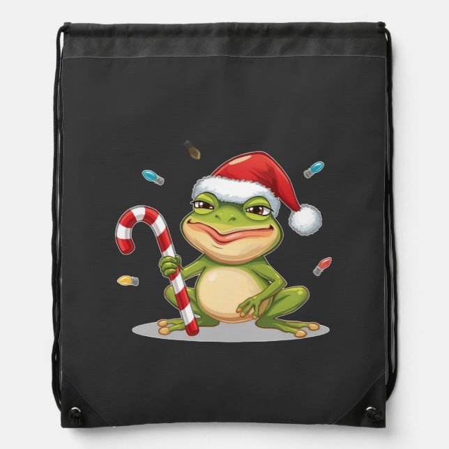 Cute Christmas Frog With Candy Cane - Funny Holida Drawstring Bag (Front)