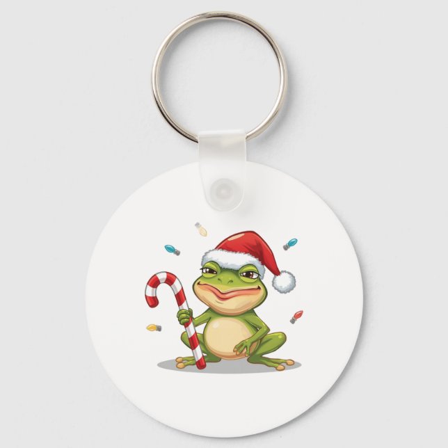 Cute Christmas Frog With Candy Cane - Funny Holida Keychain (Front)