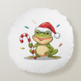 Cute Christmas Frog With Candy Cane - Funny Holida Round Pillow