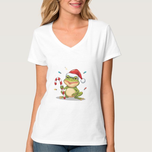 Cute Christmas Frog With Candy Cane - Funny Holida T-Shirt (Front)