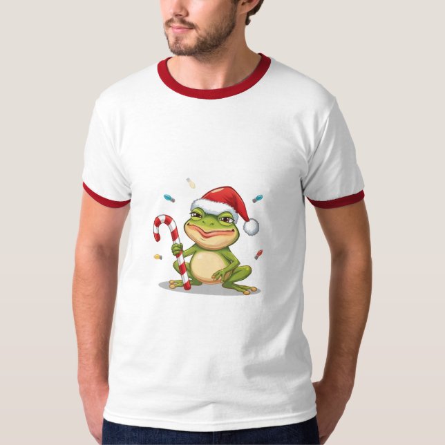 Cute Christmas Frog With Candy Cane - Funny Holida T-Shirt (Front)